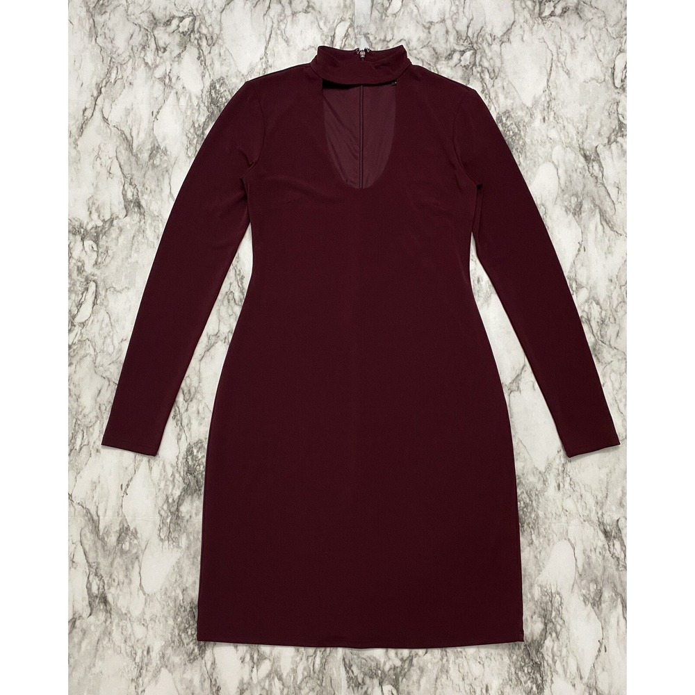 Express Womens Dress Size 4 Burgundy Long Sleeve Stretchy Choker Neck Line Lined